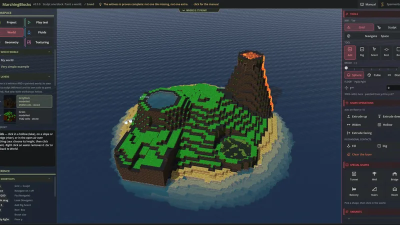 An island painted from the tiles of two layers, with a lava volcano and the sea