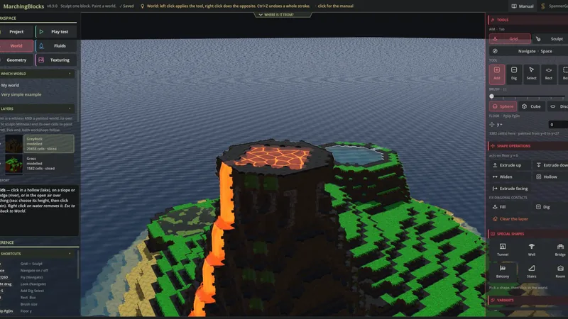 Fluids: a lava lake in the crater, its flow running down the flank
